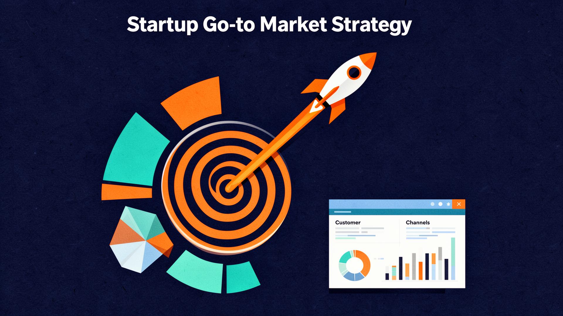 Illustrazione di una strategia go-to-market per startup: razzo che colpisce un bersaglio con dashboard clienti e canali