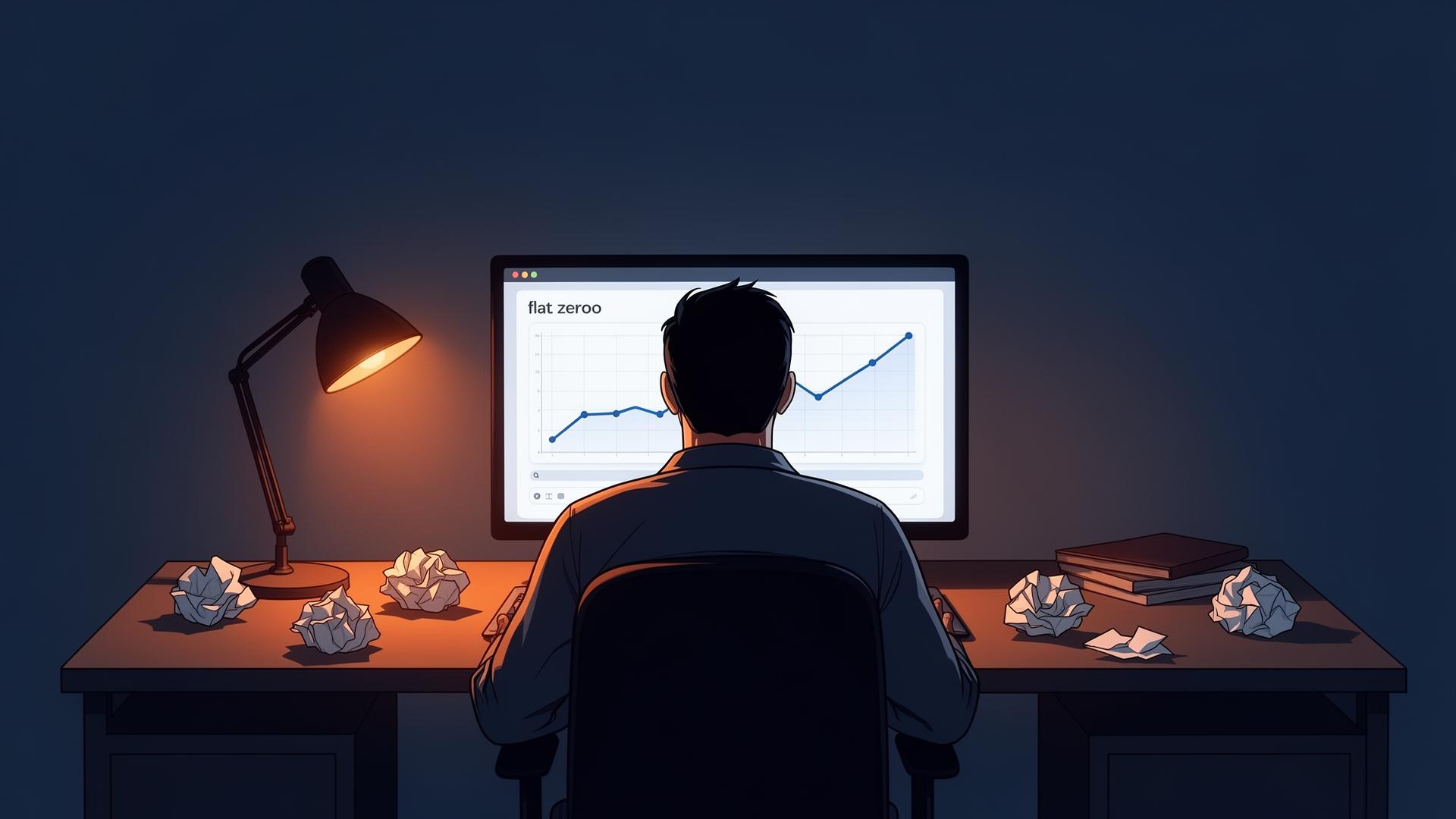 Founder solo di notte davanti a una dashboard di analytics vuota con linea piatta